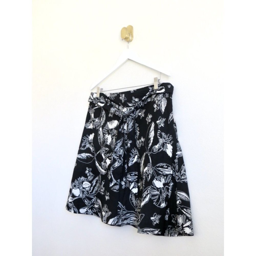 NEW! MERONA 100% Linen Floral Skirt Waist Tie Black SZ 10 - Picture 2 of 5